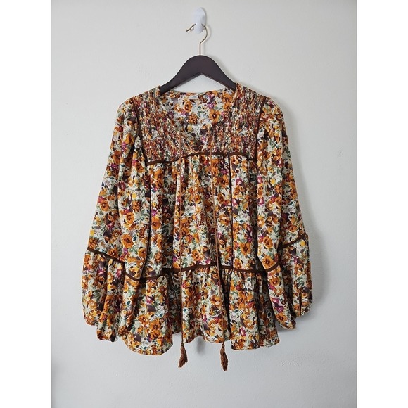 This And That Tops - Lady Floral Blouse Long Sleeve Loose Boho Cottagecore Hippie Gypsy Swing Size XL